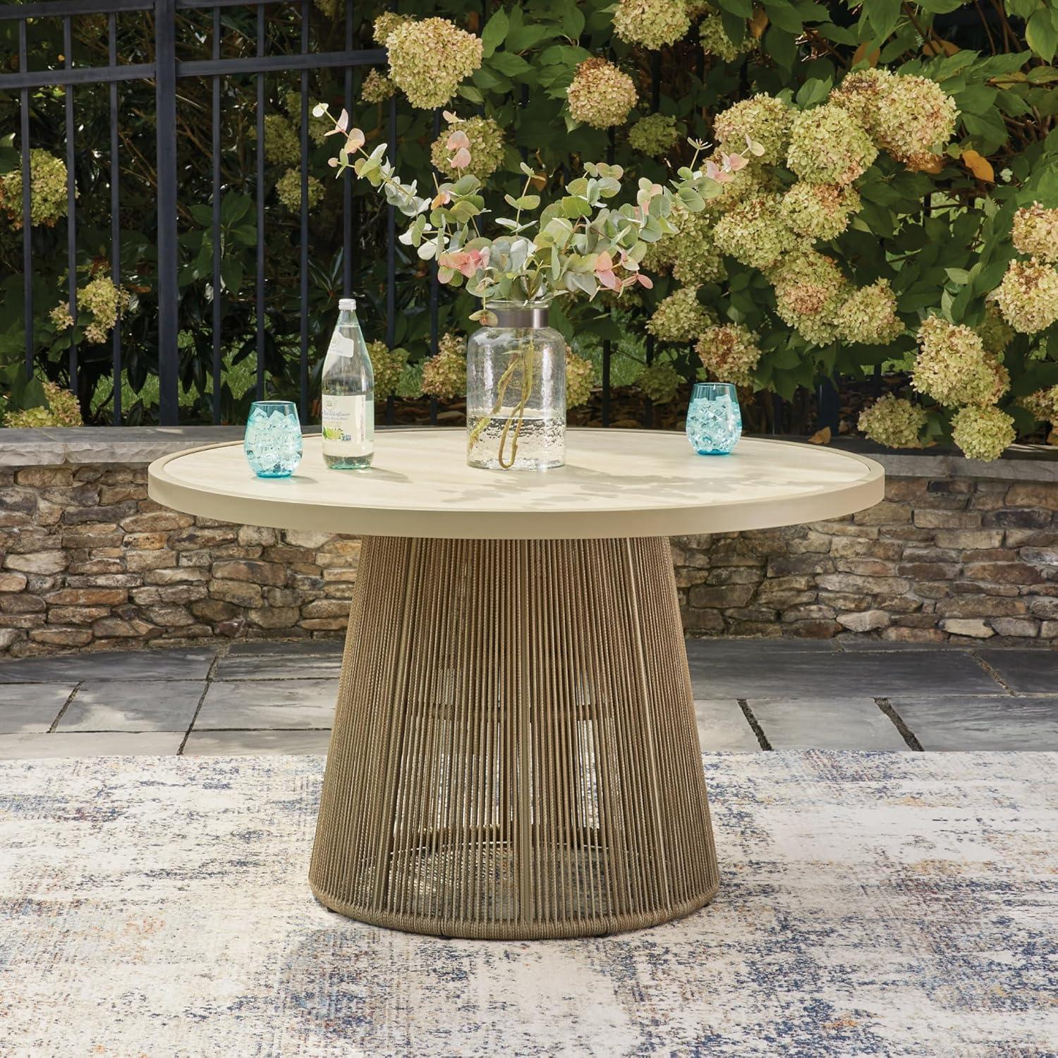 imageSignature Design by Ashley Ocean Park Round Outdoor Dining Table with Sintered Stone Top Rope Wrapped Aluminum Base for Patio Backyard and Poolside Beige