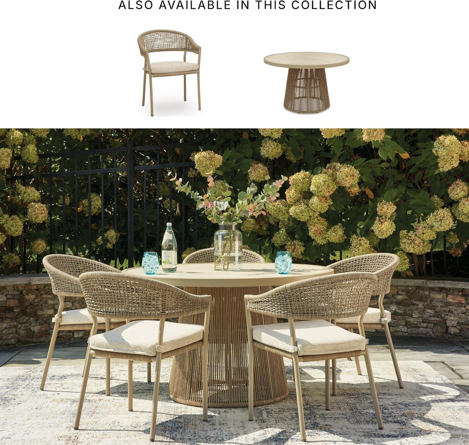 imageSignature Design by Ashley Ocean Park Round Outdoor Dining Table with Sintered Stone Top Rope Wrapped Aluminum Base for Patio Backyard and Poolside Beige