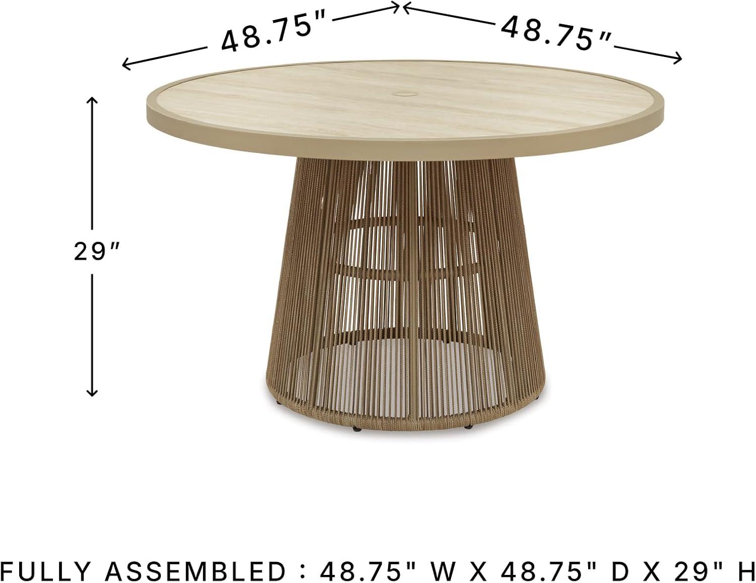 imageSignature Design by Ashley Ocean Park Round Outdoor Dining Table with Sintered Stone Top Rope Wrapped Aluminum Base for Patio Backyard and Poolside Beige