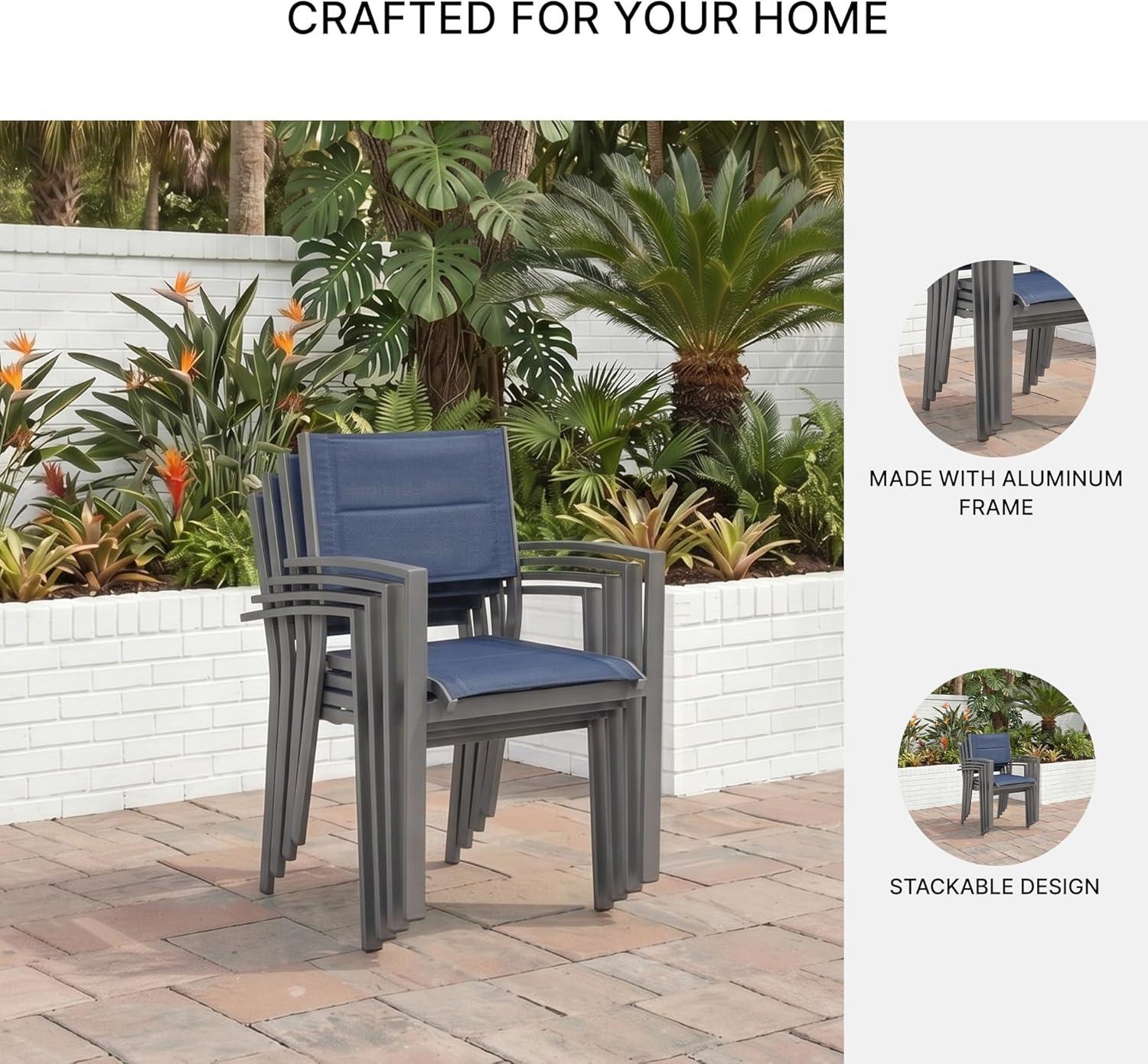 imageSignature Design by Ashley Point Bonita Set of 4 Outdoor Chairs with Padded Sling Seat Stackable Aluminum Lounge Chairs for Patio and Porch Seating Gray Frame with Blue Sling