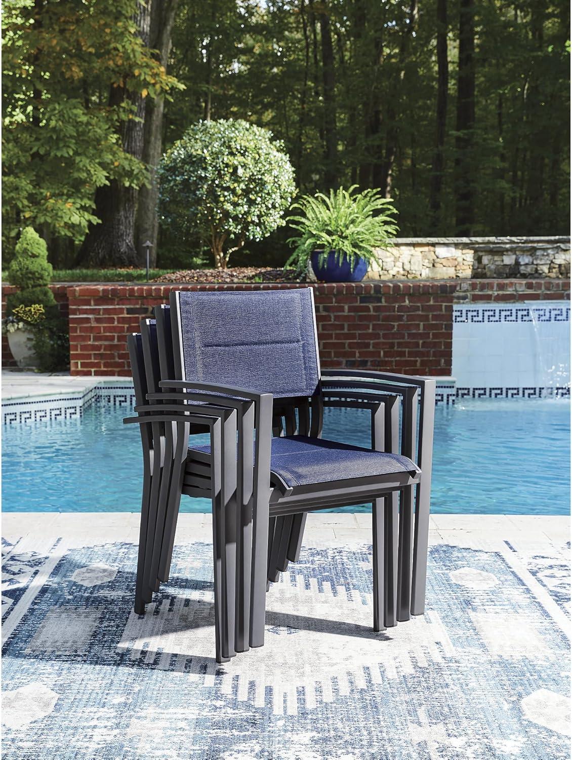 imageSignature Design by Ashley Point Bonita Set of 4 Outdoor Chairs with Padded Sling Seat Stackable Aluminum Lounge Chairs for Patio and Porch Seating Gray Frame with Blue Sling