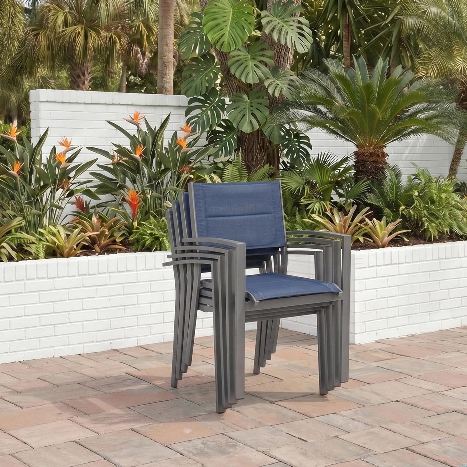 imageSignature Design by Ashley Point Bonita Set of 4 Outdoor Chairs with Padded Sling Seat Stackable Aluminum Lounge Chairs for Patio and Porch Seating Gray Frame with Blue Sling