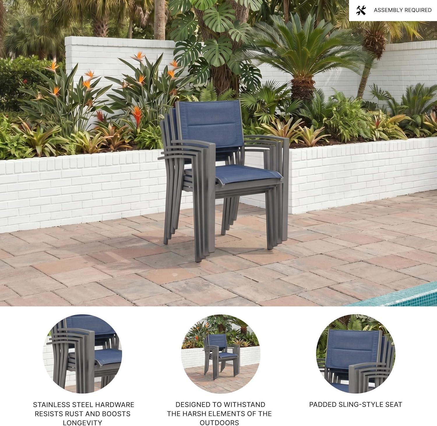 imageSignature Design by Ashley Point Bonita Set of 4 Outdoor Chairs with Padded Sling Seat Stackable Aluminum Lounge Chairs for Patio and Porch Seating Gray Frame with Blue Sling