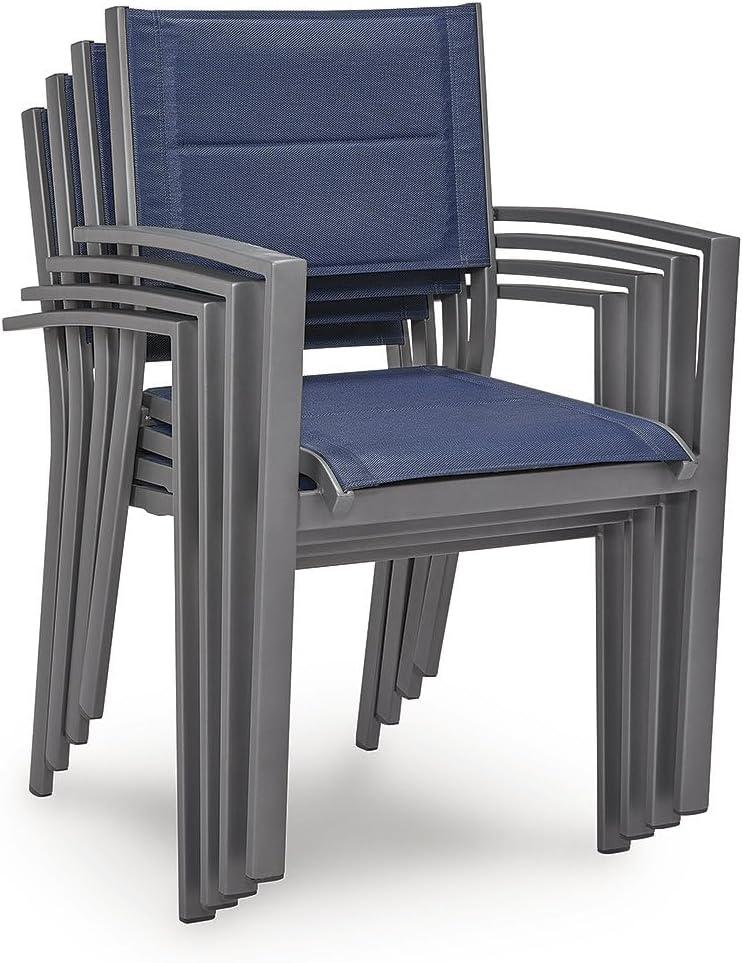 imageSignature Design by Ashley Point Bonita Set of 4 Outdoor Chairs with Padded Sling Seat Stackable Aluminum Lounge Chairs for Patio and Porch Seating Gray Frame with Blue Sling