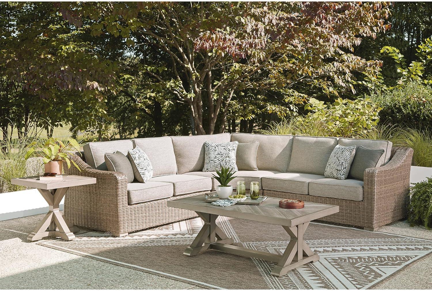 imageSignature Design by Ashley Revare Beach Coastal Weather Resistant 3Piece Outdoor Sectional with Removable Cushions and 6 Accent Pillows Beige