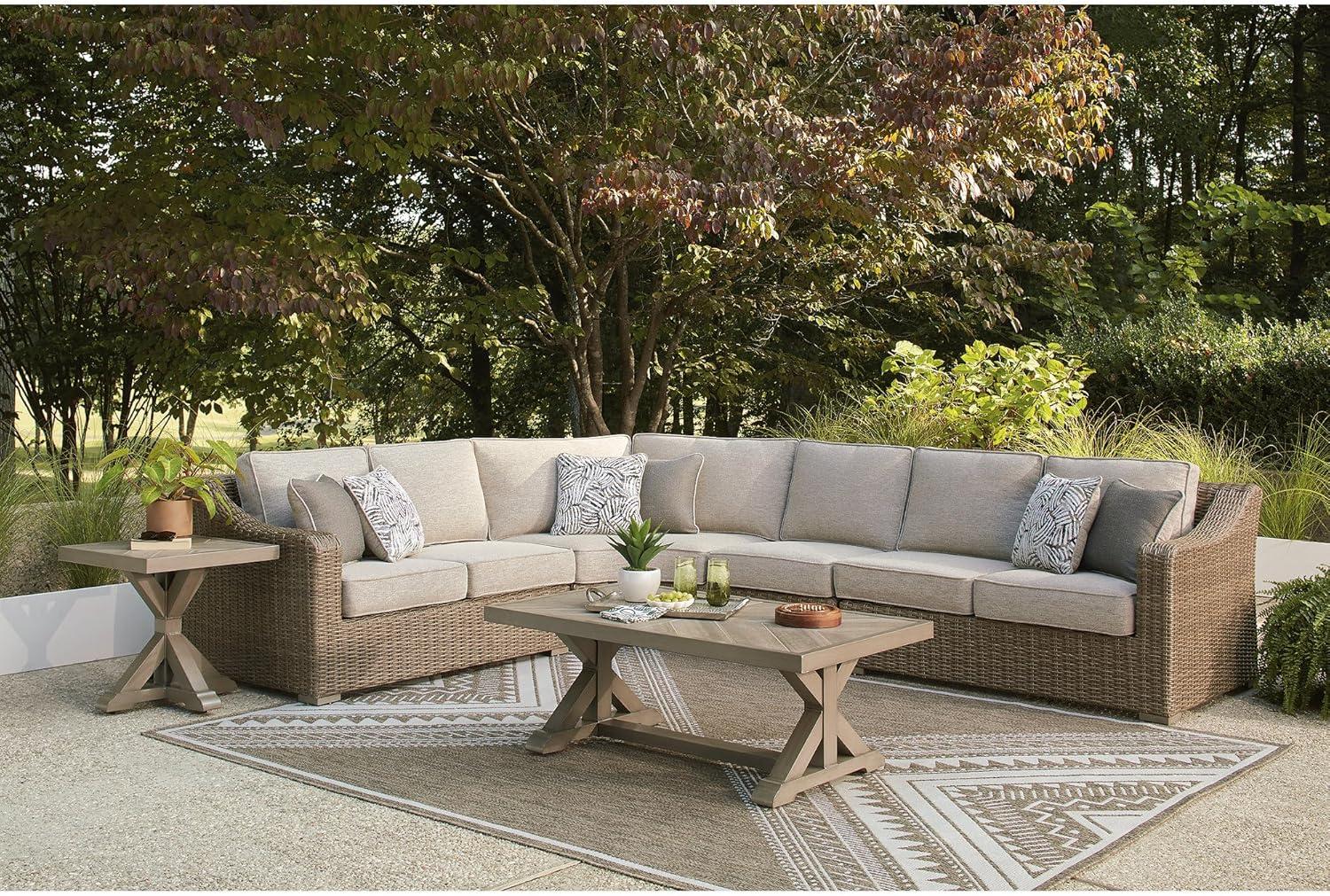 imageSignature Design by Ashley Revare Beach Coastal Weather Resistant 4Piece Outdoor Sectional with Removable Cushions and 6 Accent Pillows Beige