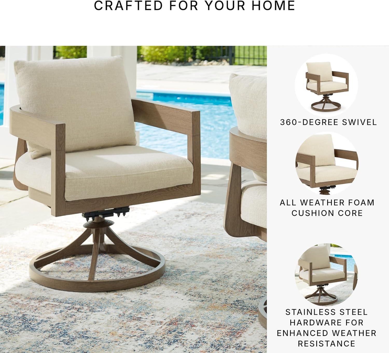 imageSignature Design by Ashley Serene Bay Outdoor Dining Chair with 360Degree Swivel WoodLook Powder Coated Aluminum Nuvella Cushions for Patio Table Seating Set of 2
