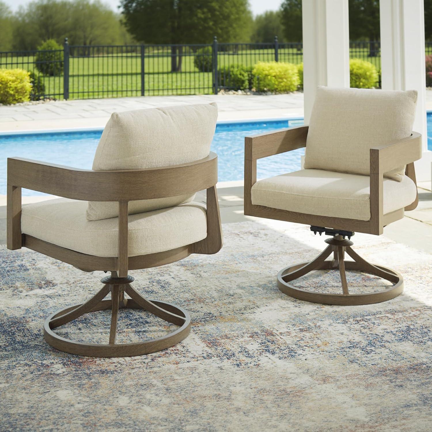 imageSignature Design by Ashley Serene Bay Outdoor Dining Chair with 360Degree Swivel WoodLook Powder Coated Aluminum Nuvella Cushions for Patio Table Seating Set of 2
