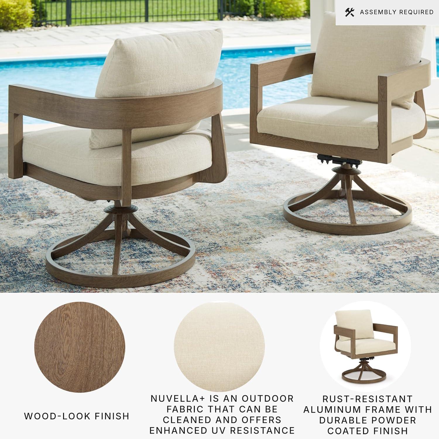 imageSignature Design by Ashley Serene Bay Outdoor Dining Chair with 360Degree Swivel WoodLook Powder Coated Aluminum Nuvella Cushions for Patio Table Seating Set of 2