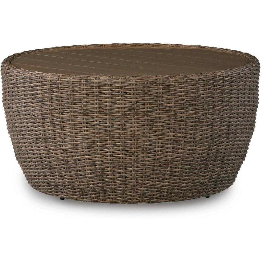 imageSignature Design by Ashley Cardiff Beach Outdoor Coffee Table AllWeather Wicker Aluminum with WoodLook Top Poolside Patio Outside Table for Backyard or Deck