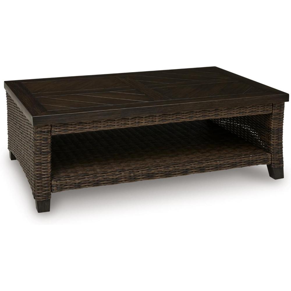 imageSignature Design by Ashley Drakes Beach Outdoor Coffee Table Resin Wicker with Aluminum Frame and WoodLook Finish for Patio Deck and Poolside Seating 48 x 30
