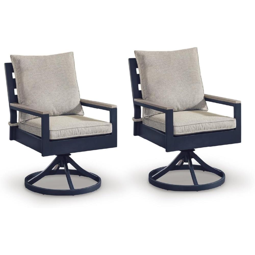 imageSignature Design by Ashley Mabry Shores Outdoor Dining Chair 360 Swivel Rocker Comfort Aluminum and MEGATUFF HDPE WoodLook Arms for Patio Deck Blue