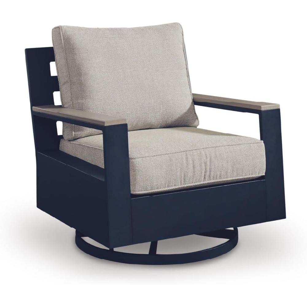 imageSignature Design by Ashley Mabry Shores Outdoor Lounge Chair 360Degree Swivel Glider Nuvella Blue Cushions WoodLook HDPE Arms Patio Deck or Porch