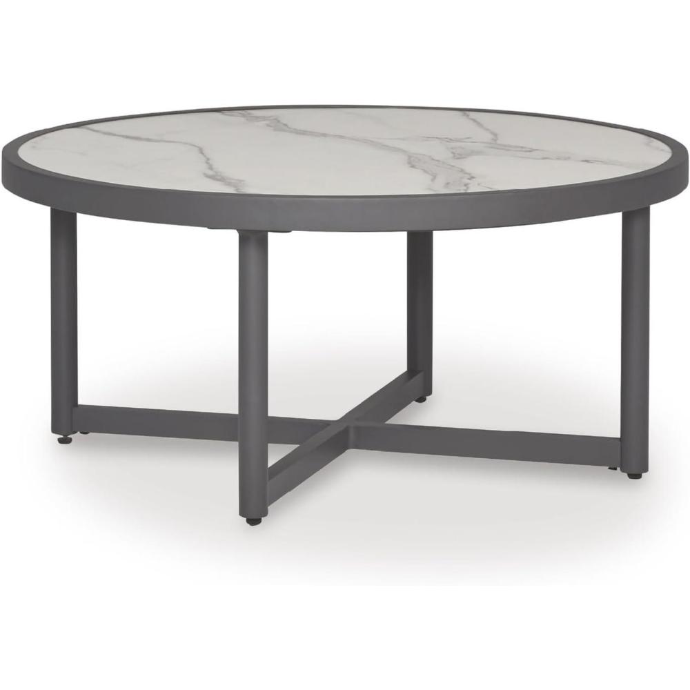 imageSignature Design by Ashley North Island Outdoor Coffee Table Contemporary Patio Table with Marble Look Sintered Stone Top RustResistant Aluminum for Porch or Patio Gray