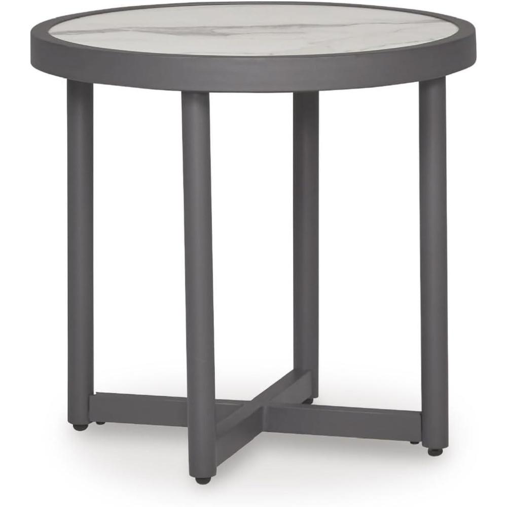 imageSignature Design by Ashley North Island Outdoor Side Table PowderCoated Aluminum MarbleLook Sintered Stone Top for Porch or Patio Seating Accent Gray