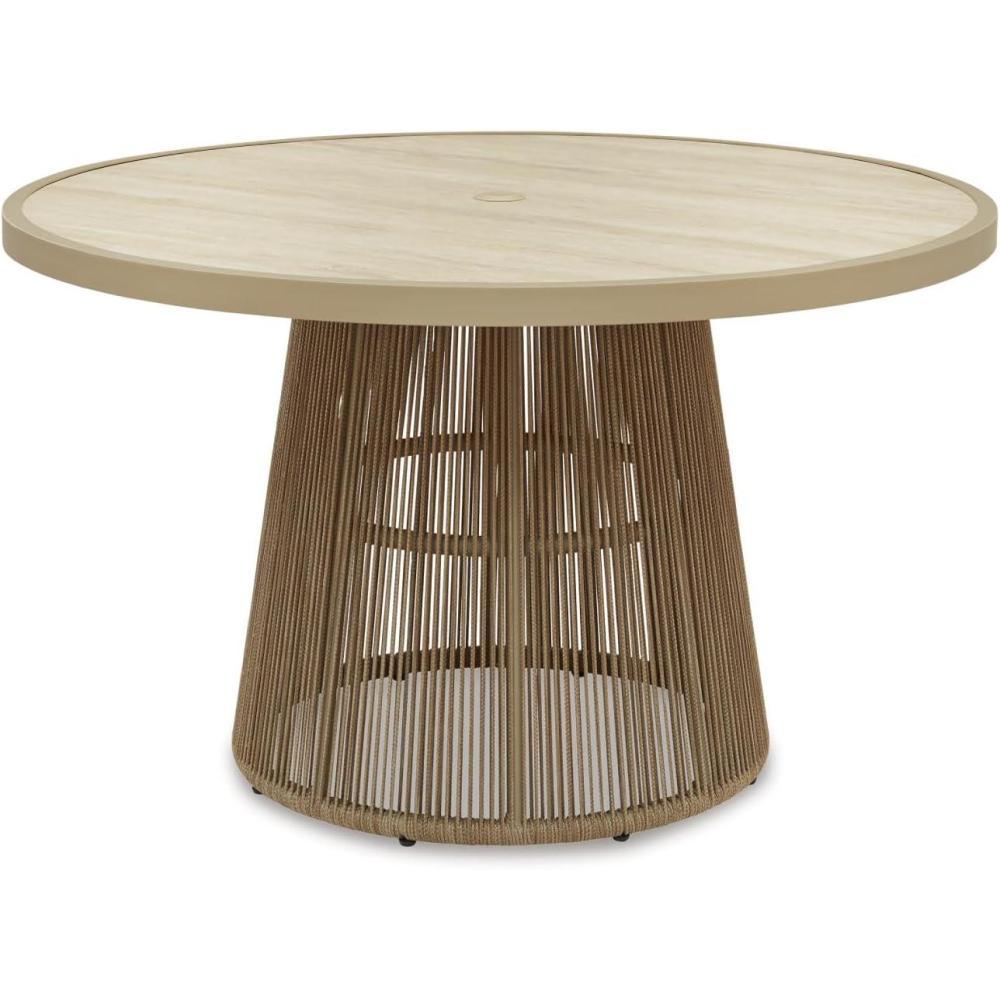 imageSignature Design by Ashley Ocean Park Round Outdoor Dining Table with Sintered Stone Top Rope Wrapped Aluminum Base for Patio Backyard and Poolside Beige