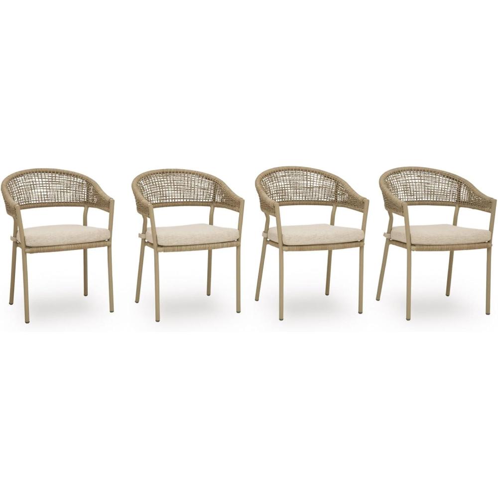 imageSignature Design by Ashley Ocean Park Set of 4 Outdoor Chairs with Cushions Stackable Rope Back Powder Coated Aluminum Frame Performance Fabric Beige