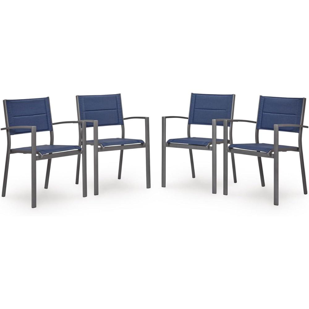 imageSignature Design by Ashley Point Bonita Set of 4 Outdoor Chairs with Padded Sling Seat Stackable Aluminum Lounge Chairs for Patio and Porch Seating Gray Frame with Blue Sling