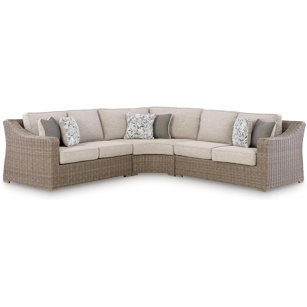 imageSignature Design by Ashley Revare Beach Coastal Weather Resistant 3Piece Outdoor Sectional with Removable Cushions and 6 Accent Pillows Beige