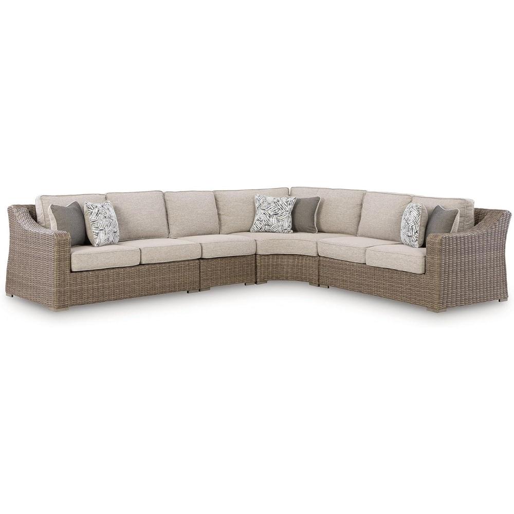 imageSignature Design by Ashley Revare Beach Coastal Weather Resistant 4Piece Outdoor Sectional with Removable Cushions and 6 Accent Pillows Beige
