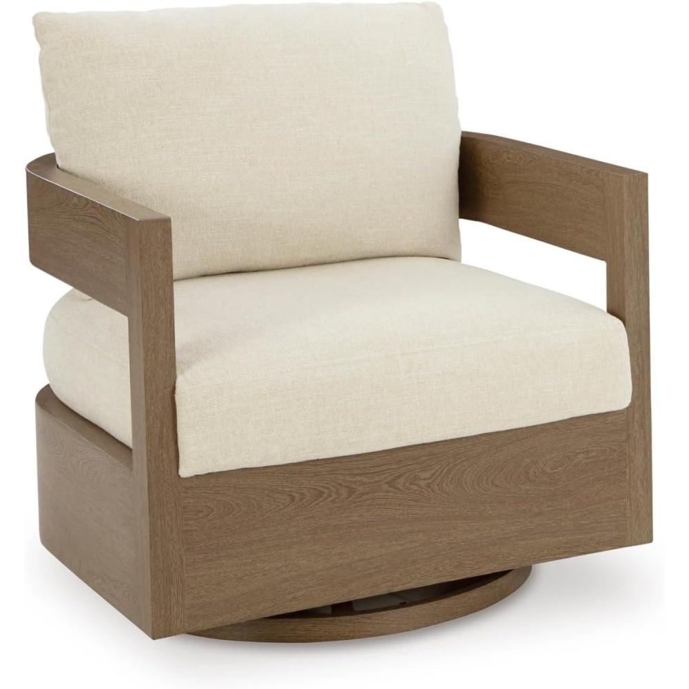 imageSignature Design by Ashley Serene Bay Outdoor 360 Swivel Glider Chair WoodLook PowderCoated Aluminum Frame Nuvella Fabric Cushions Patio Seating