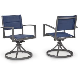 Signature Design By Ashley Point Bonita Swivel Outdoor Chair, 360-Degree Motion, Aluminum Frame with Padded Sling Seat for Patio Or Porch, All-Weather Gray/Blue, Set of 2