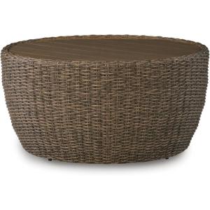 Signature Design by Ashley Cardiff Beach Outdoor Coffee Table, All‑Weather Wicker Aluminum with Wood‑Look Top, Poolside Patio Outside Table for Backyard or Deck