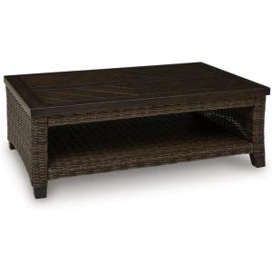 Signature Design by Ashley Drakes Beach Outdoor Coffee Table, Resin Wicker with Aluminum Frame and Wood‑Look Finish for Patio, Deck and Poolside Seating, 48′ x 30′