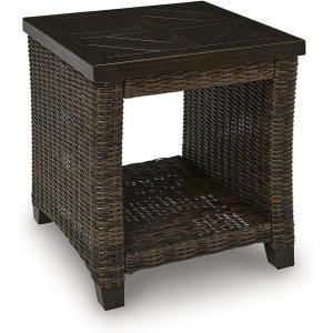 Signature Design by Ashley Drakes Beach Outside End Table, Resin Wicker with Aluminum Frame and Wood-Look Finish, Small Outdoor Table with Lower Shelf for Patio, Deck or Poolside