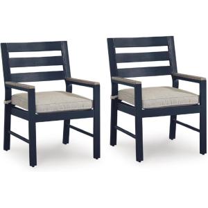 Signature Design by Ashley Mabry Shores Outdoor Dining Chair, Cushioned Metal with Wood-Look Arms for Deck, Patio and Garden Dining, Weather-Resistant Blue, Set of 2