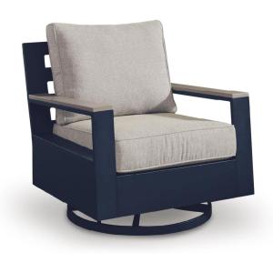 Signature Design by Ashley Mabry Shores Outdoor Lounge Chair, 360-Degree Swivel Glider, Nuvella Blue Cushions, Wood-Look HDPE Arms, Patio, Deck or Porch