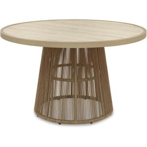 Signature Design by Ashley Ocean Park Round Outdoor Dining Table with Sintered Stone Top, Rope Wrapped Aluminum Base for Patio, Backyard and Poolside, Beige