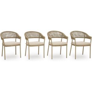 Signature Design by Ashley Ocean Park Set of 4 Outdoor Chairs with Cushions, Stackable, Rope Back, Powder Coated Aluminum Frame, Performance Fabric, Beige