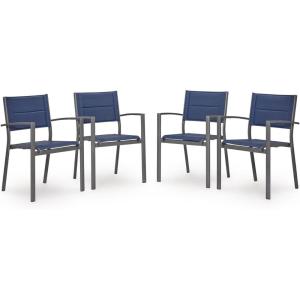 Signature Design by Ashley Point Bonita Set of 4 Outdoor Chairs with Padded Sling Seat, Stackable Aluminum Lounge Chairs for Patio and Porch Seating, Gray Frame with Blue Sling