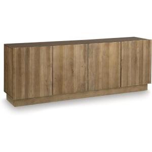Signature Design by Ashley Timkins Accent Cabinet, Solid Mango Wood Credenza with Fluted Doors, TV Stand Storage for Living Room Or Office, Natural Light Brown
