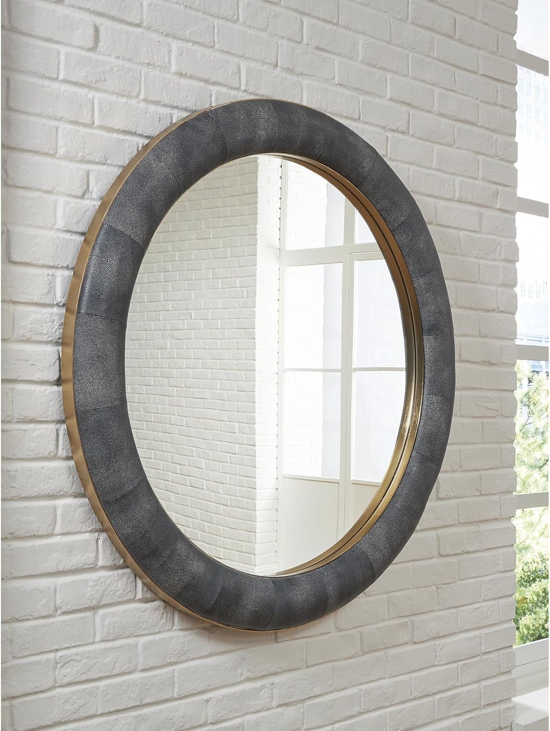 imageSignature Design by Ashley Corinsworth Accent Mirror Large Decorative Wall Art with BrassTone Metal and Charcoal Leather Frame Modern Decor for Living Room or Bedroom Walls 50 W