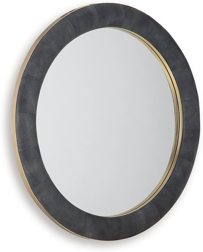 imageSignature Design by Ashley Corinsworth Accent Mirror Large Decorative Wall Art with BrassTone Metal and Charcoal Leather Frame Modern Decor for Living Room or Bedroom Walls 50 W