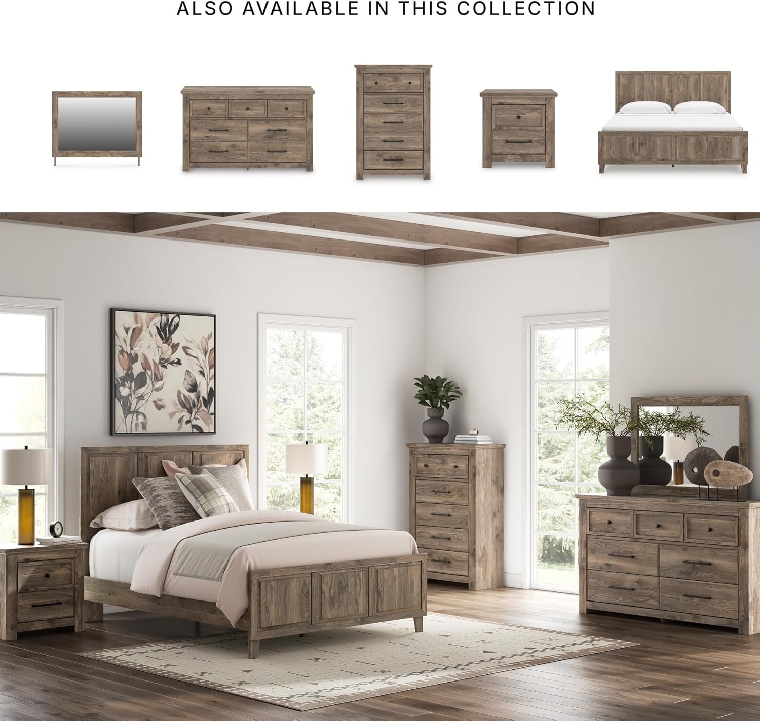 imageSignature Design by Ashley Keithland King Panel Bed Frame with Headboard Traditional Bedframes for Primary Bedroom Wood with Hickory Grain Look Deep Brown