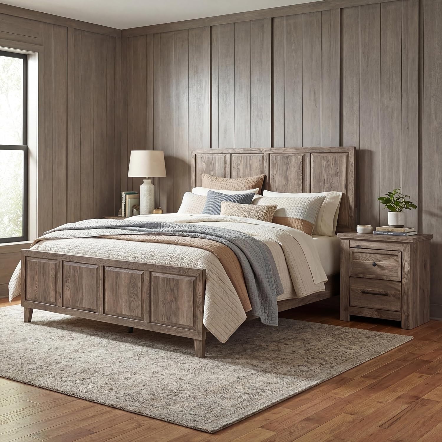 imageSignature Design by Ashley Keithland King Panel Bed Frame with Headboard Traditional Bedframes for Primary Bedroom Wood with Hickory Grain Look Deep Brown