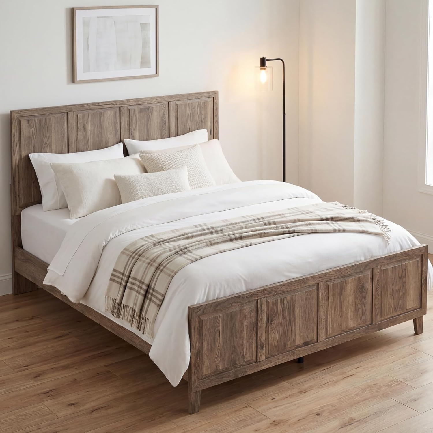 imageSignature Design by Ashley Keithland King Panel Bed Frame with Headboard Traditional Bedframes for Primary Bedroom Wood with Hickory Grain Look Deep Brown
