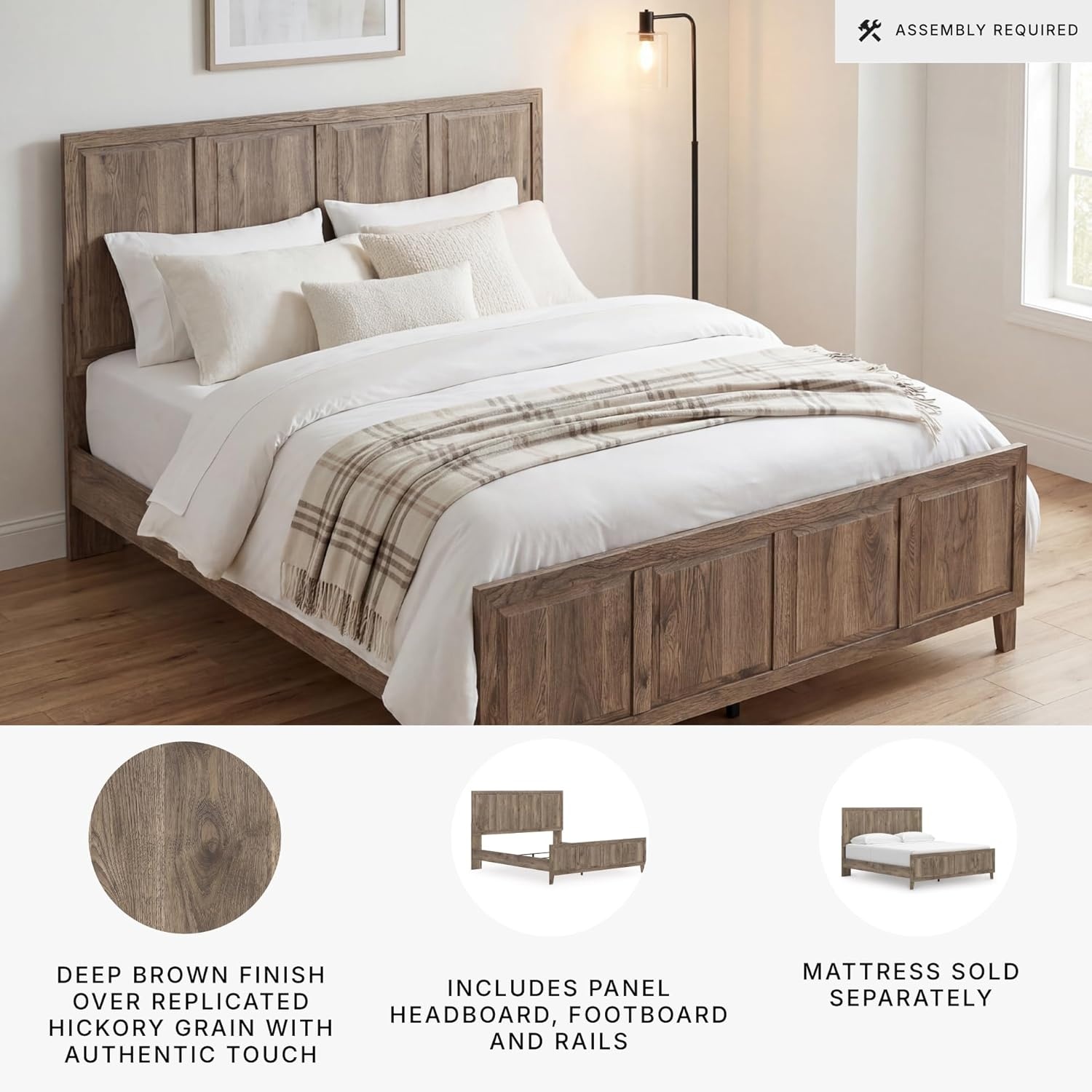 imageSignature Design by Ashley Keithland King Panel Bed Frame with Headboard Traditional Bedframes for Primary Bedroom Wood with Hickory Grain Look Deep Brown