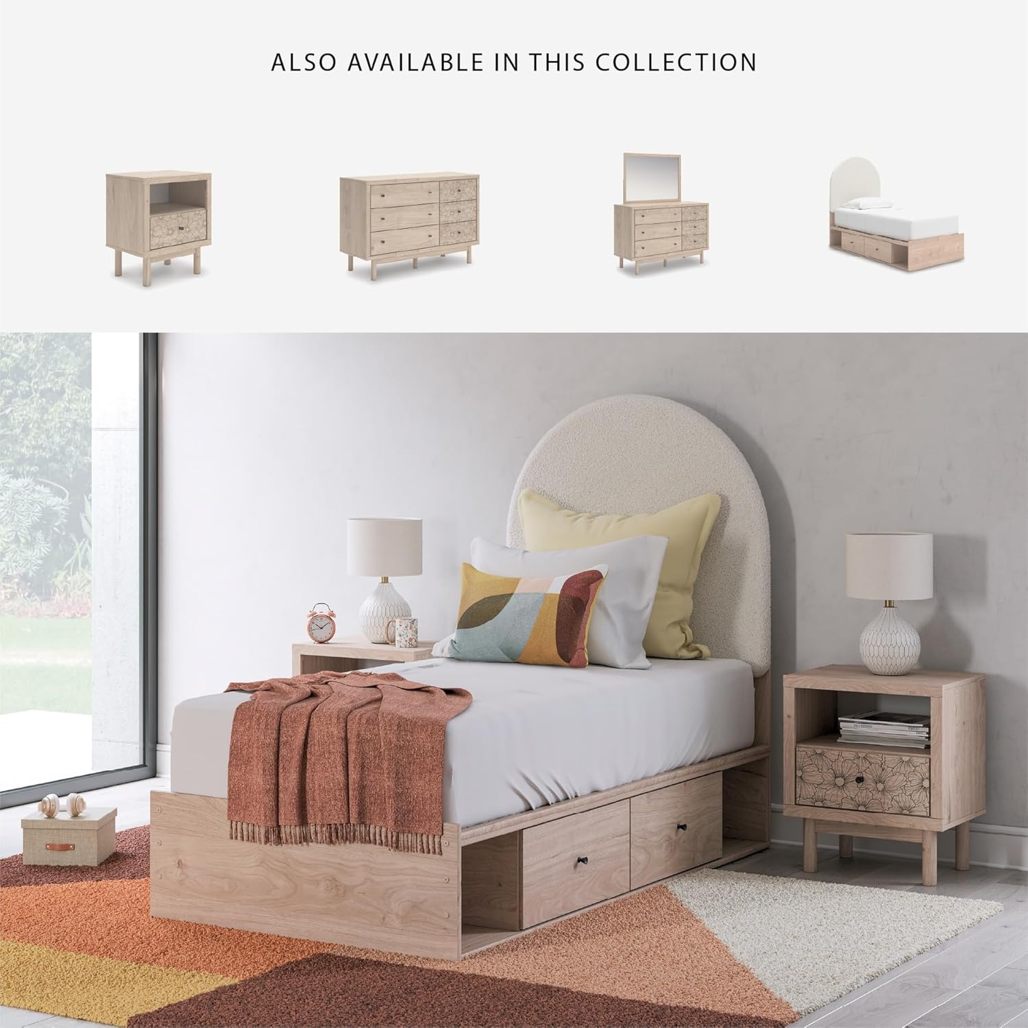 imageSignature Design by Ashley Shapella Twin Storage Upholstered Platform Bed Frame with Drawers Organic Shaping Kids Bedroom Furniture Tan and White Bedframe