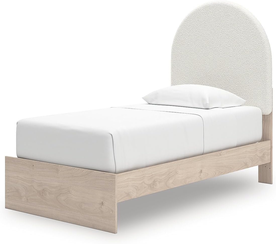 imageSignature Design by Ashley Shapella Twin Storage Upholstered Platform Bed Frame with Drawers Organic Shaping Kids Bedroom Furniture Tan and White Bedframe