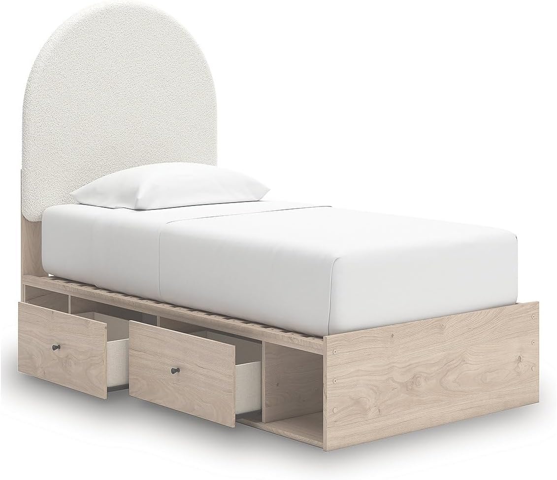 imageSignature Design by Ashley Shapella Twin Storage Upholstered Platform Bed Frame with Drawers Organic Shaping Kids Bedroom Furniture Tan and White Bedframe