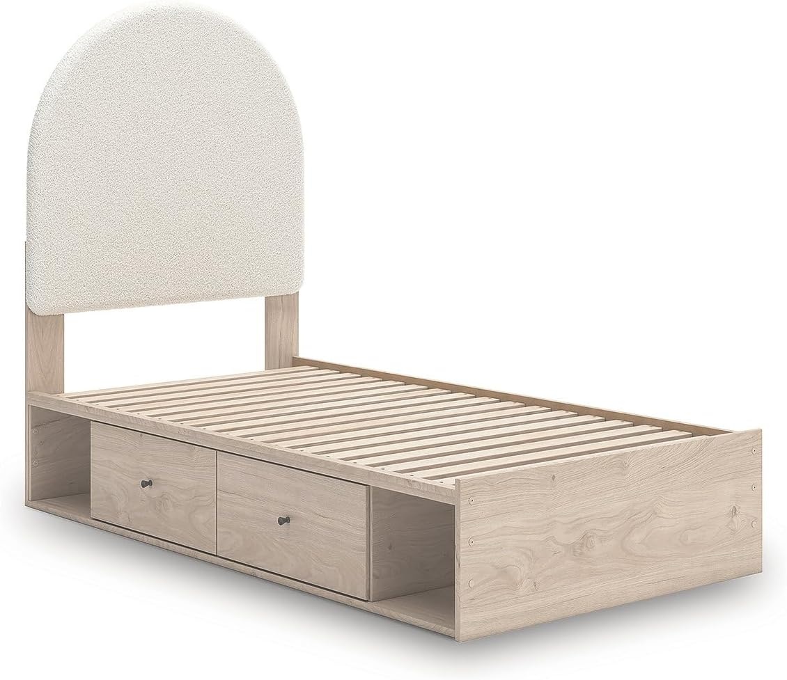 imageSignature Design by Ashley Shapella Twin Storage Upholstered Platform Bed Frame with Drawers Organic Shaping Kids Bedroom Furniture Tan and White Bedframe