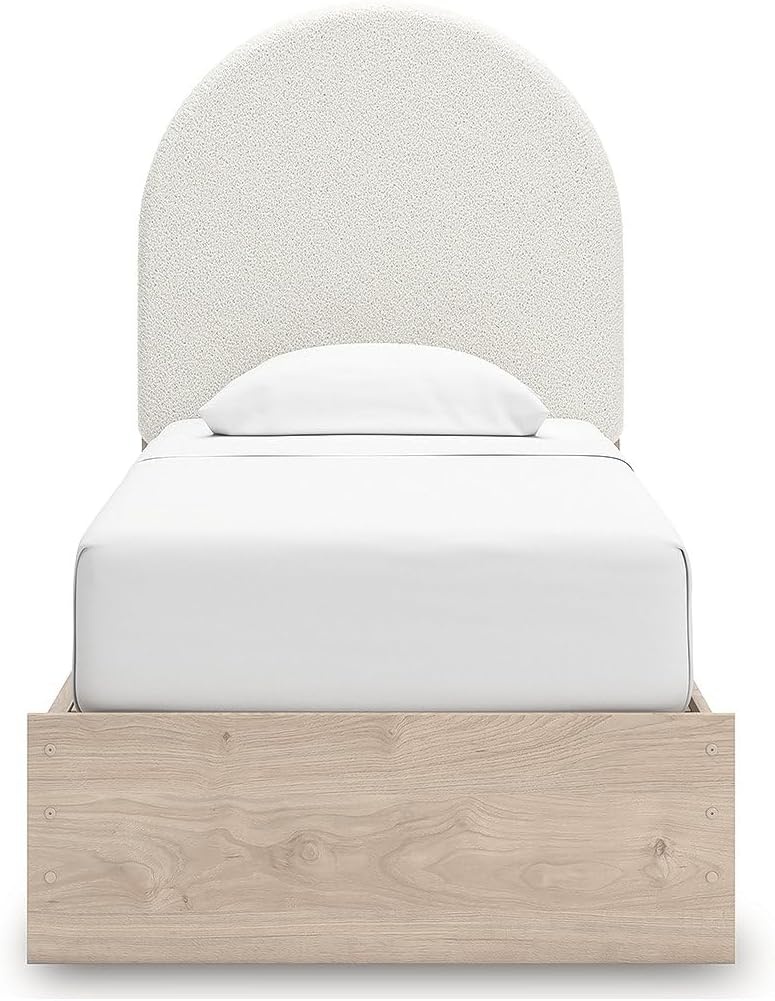 imageSignature Design by Ashley Shapella Twin Storage Upholstered Platform Bed Frame with Drawers Organic Shaping Kids Bedroom Furniture Tan and White Bedframe