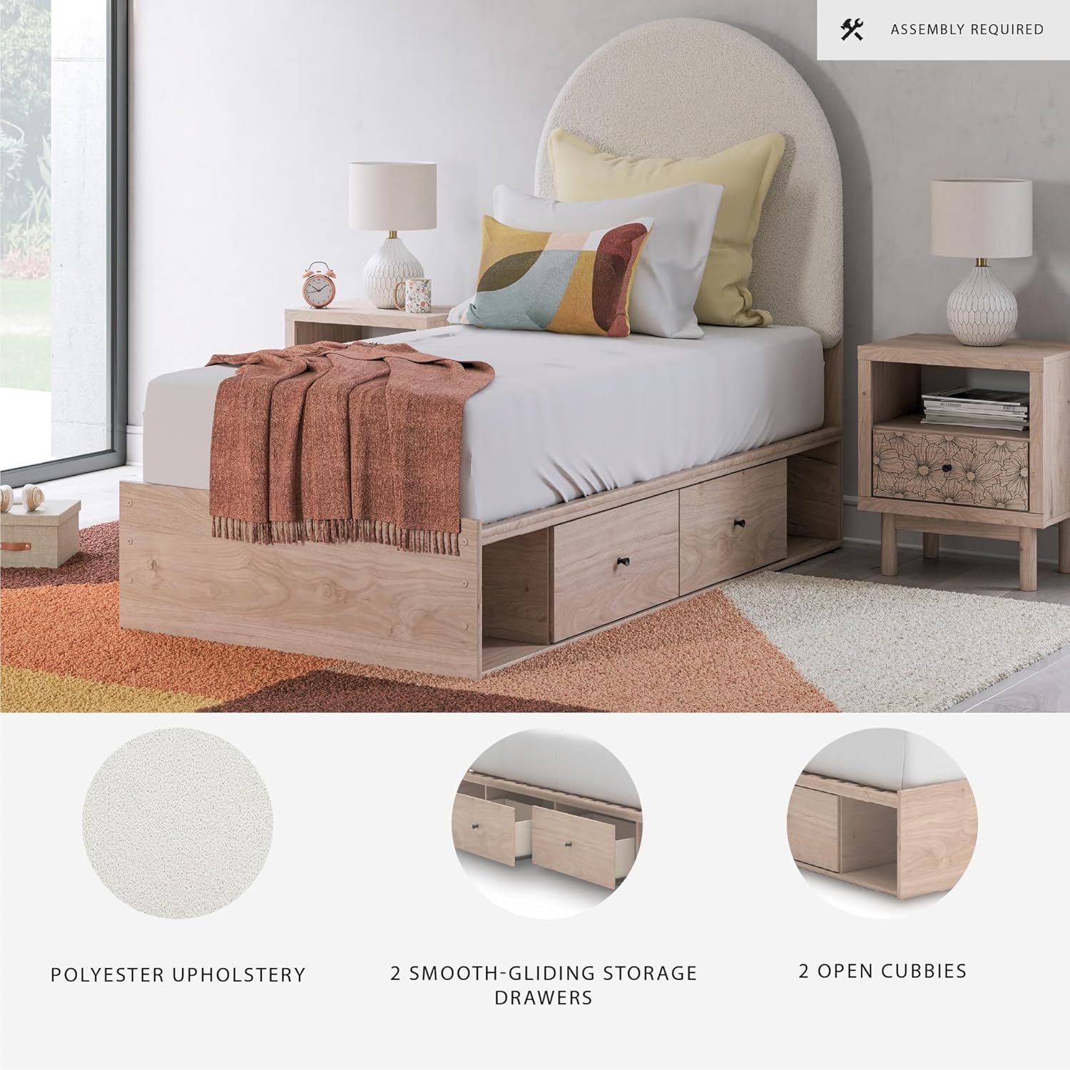 imageSignature Design by Ashley Shapella Twin Storage Upholstered Platform Bed Frame with Drawers Organic Shaping Kids Bedroom Furniture Tan and White Bedframe