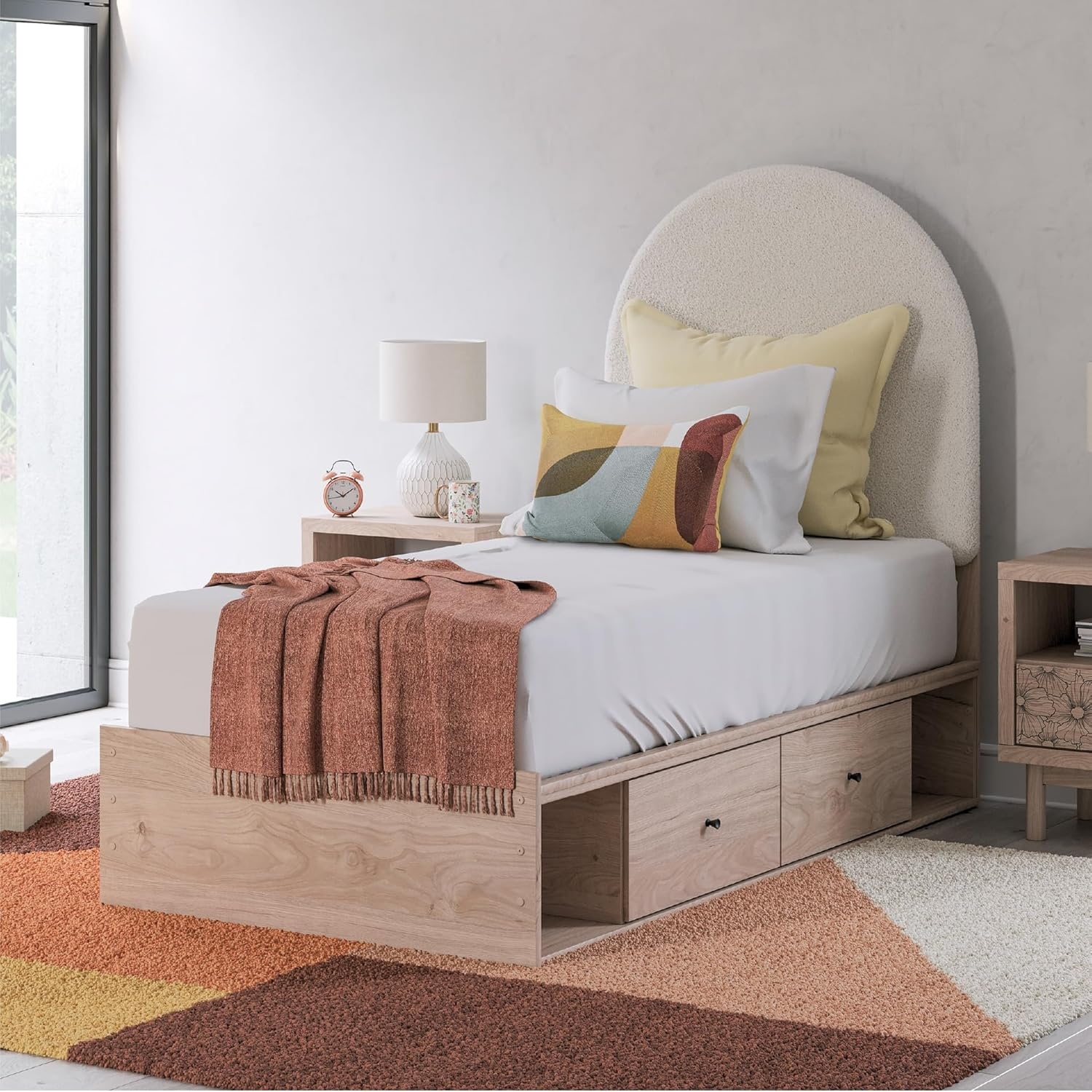 imageSignature Design by Ashley Shapella Twin Storage Upholstered Platform Bed Frame with Drawers Organic Shaping Kids Bedroom Furniture Tan and White Bedframe