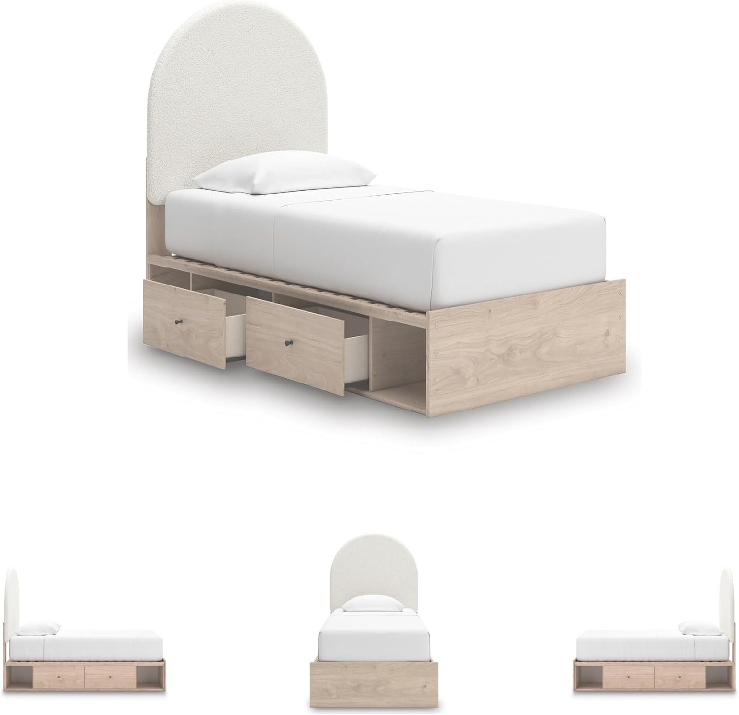 imageSignature Design by Ashley Shapella Twin Storage Upholstered Platform Bed Frame with Drawers Organic Shaping Kids Bedroom Furniture Tan and White Bedframe