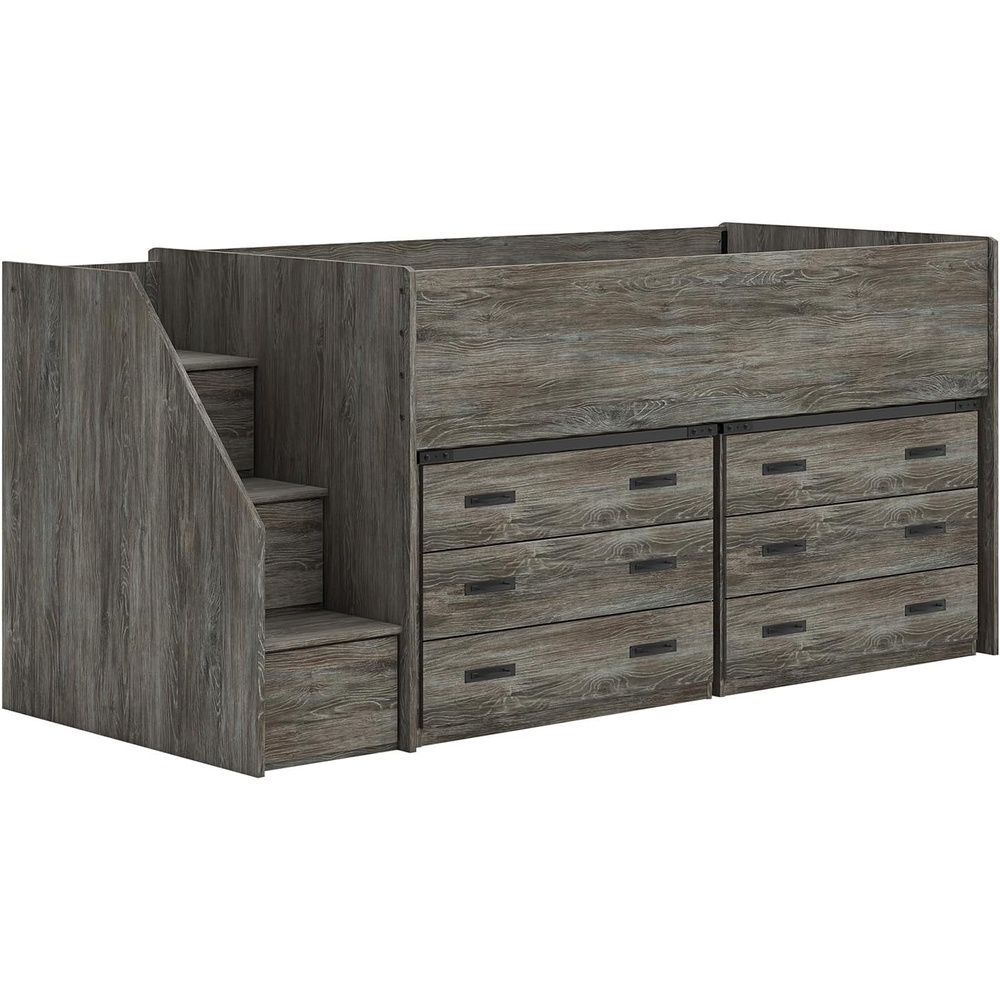 imageSignature Design by Ashley Frandern Twin Loft Bed 6Drawer Storage Steps Engineered Wood Rustic Warm Gray Finish SpaceSaving Bedroom Storage Solution